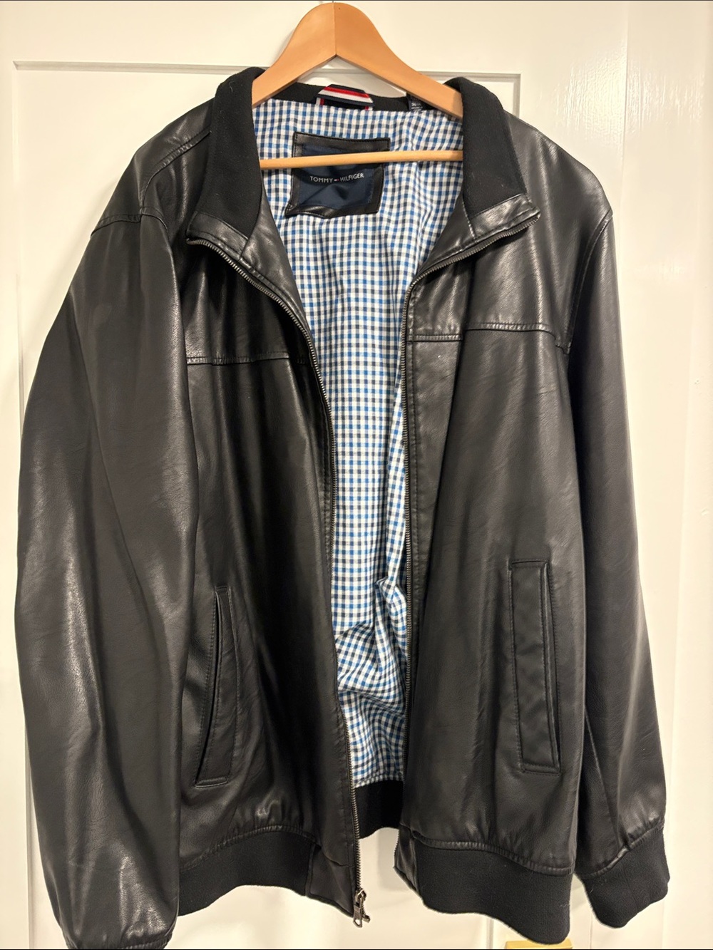 Tommy Hilfiger Black Leather Bomber Jacket with Checked Lining